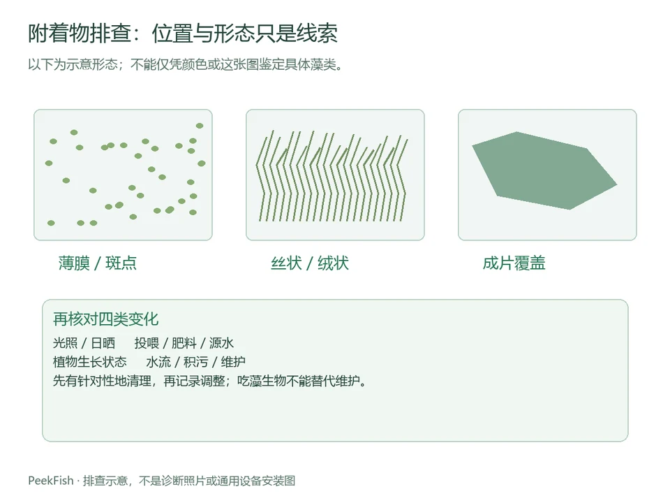 附着物的示意形态与光照、输入、植物、水流四项检查