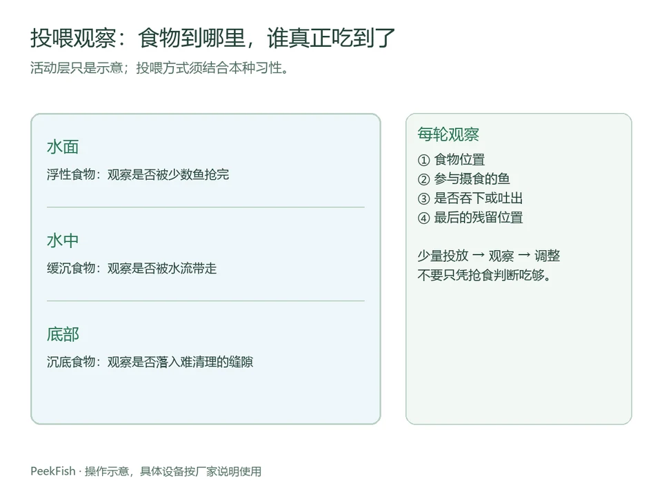 水面、水中和底层的投喂位置及观察要点示意