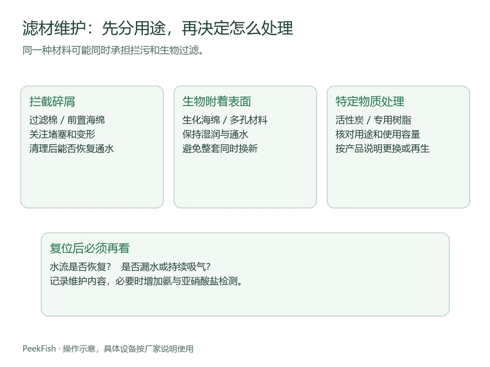 三类滤材用途与维护后检查事项对照图