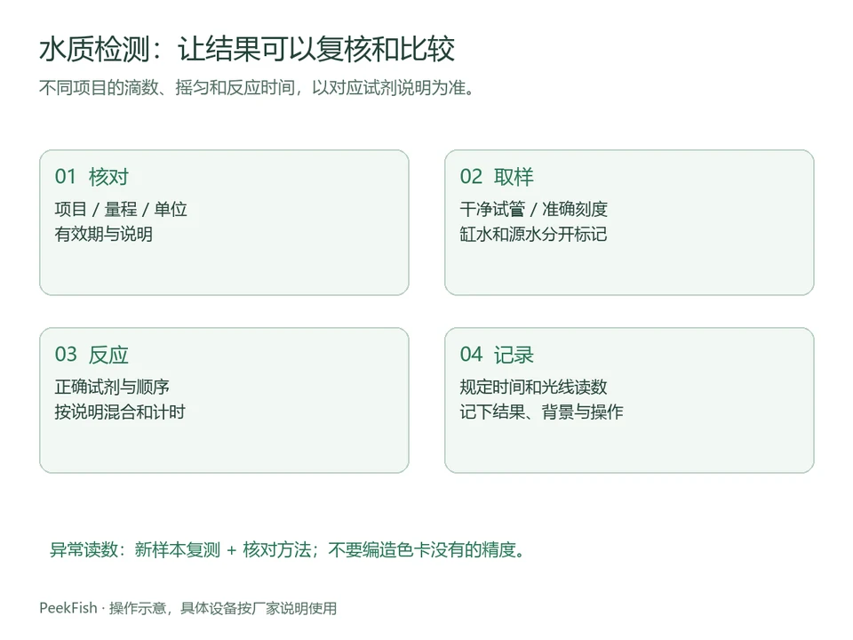 核对、取样、反应和记录的水质检测流程图