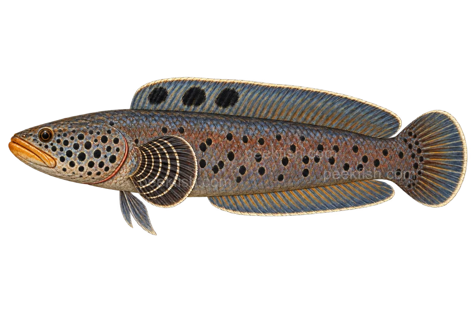 Ornate snakehead — Natural yellow-orange-lipped adult, sex and locality unspecified; bold dark cheek spots, narrow pale pectoral bands, pelvic fins present; AI-generated illustration.