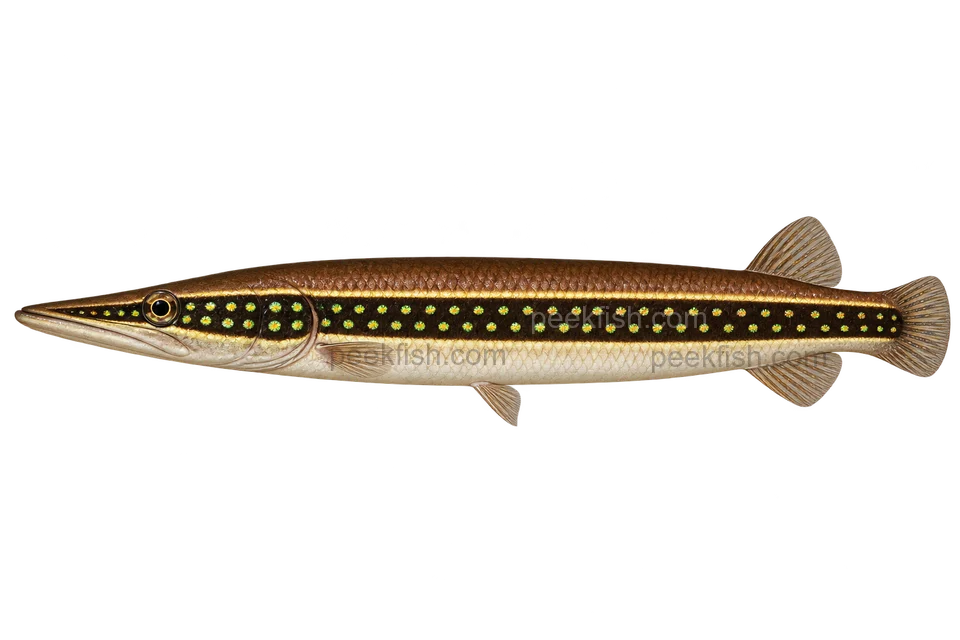 AI illustration of Luciocephalus aura, complete left-facing side view