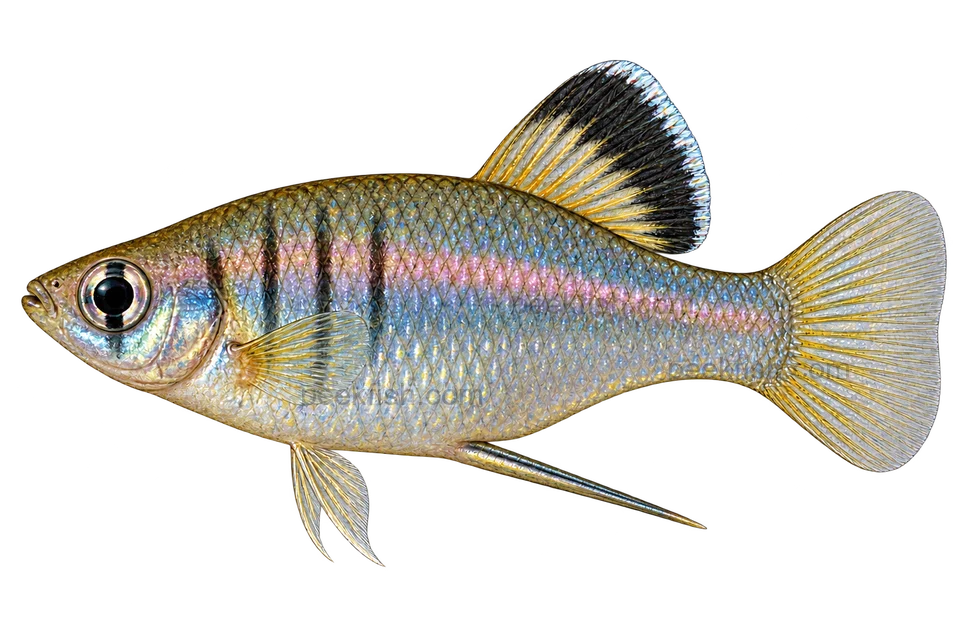 Left-facing male Phallichthys amates AI illustration with faint bars, dark-edged dorsal and long gonopodium.