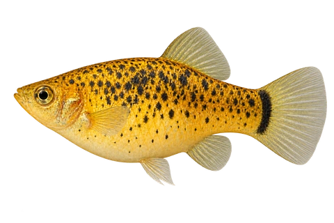 Xiphophorus milleri 成年雌鱼左向AI示意图,黄底密黑斑、丰满腹部及尾基暗带。