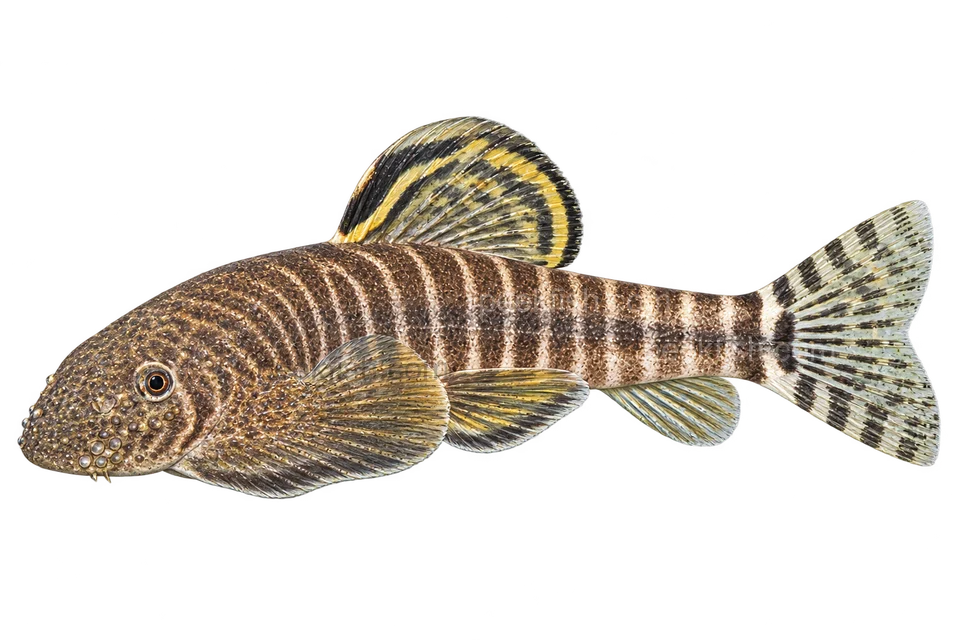 Labigastromyzon changtingensis, representative adult in left-facing lateral AI illustration; not a photograph.