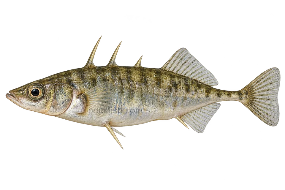 Three-spined stickleback, nonbreeding adult with a fully plated appearance, left-facing AI illustration; sex and population unverified