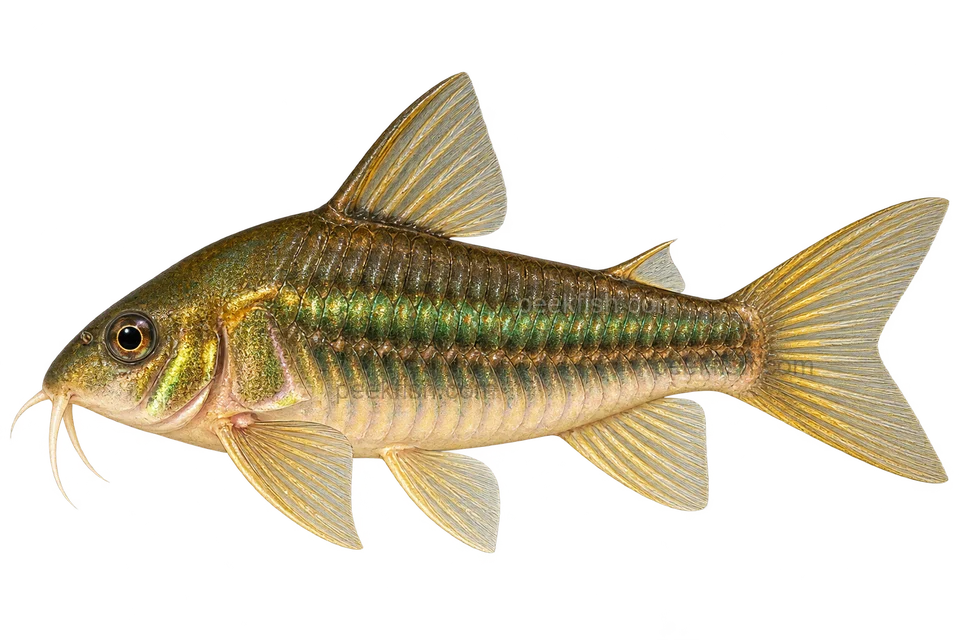AI illustration of Osteogaster melanotaenia, complete left-facing side view