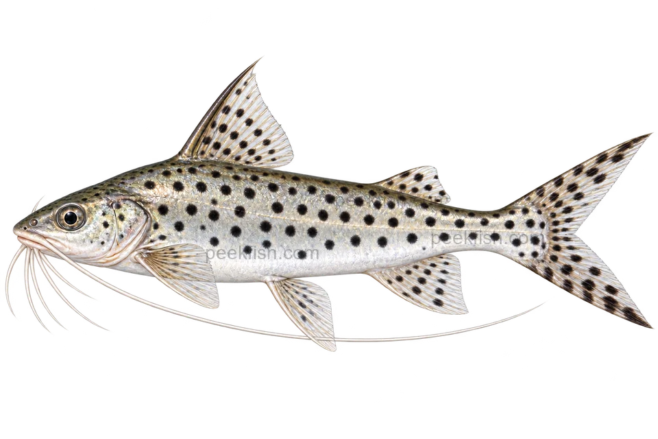 AI illustration of an adult natural-form Pimelodus pictus in left-facing side profile
