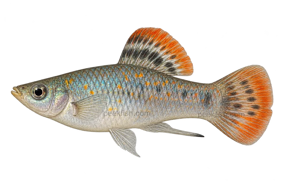Left-facing adult male Poecilia salvatoris AI illustration with silver-blue body and orange-red short dorsal and rounded tail.