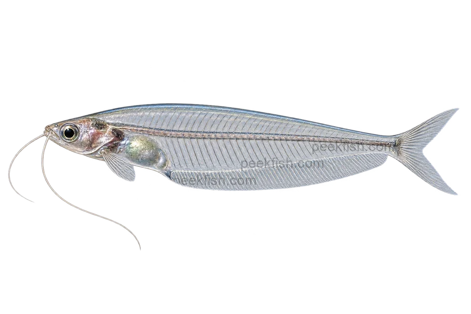 Glass catfish (Kryptopterus vitreolus), AI side-view illustration, sex unspecified, adult natural form, left-facing