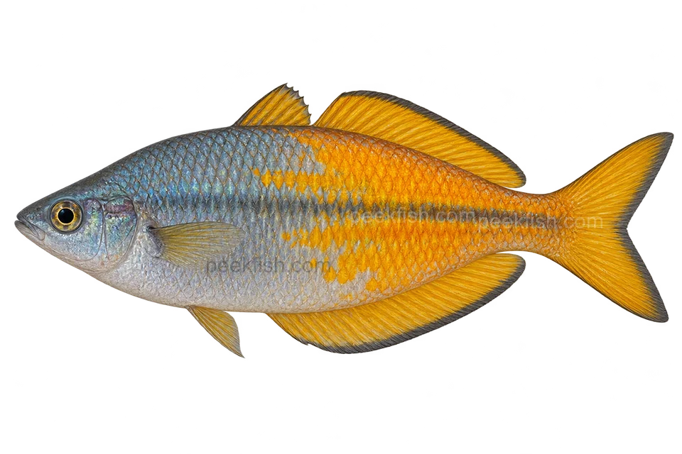 AI illustration of adult male Melanotaenia parkinsoni, left side, ordinary yellow-orange form; no uncertain spotted trade morph