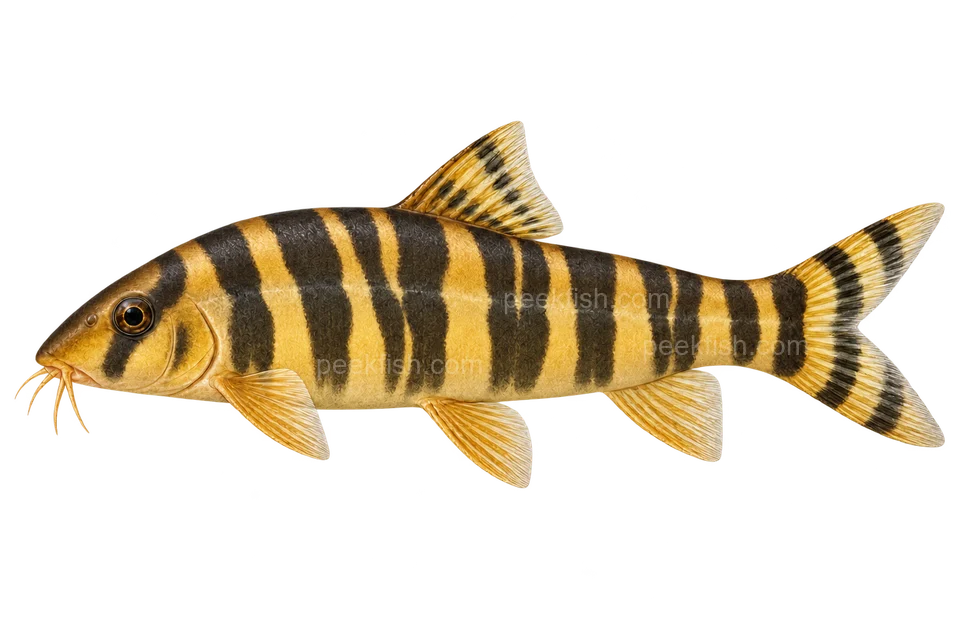 Botia dario — natural-colour representative adult, sex unspecified; left-facing AI illustration, not a photograph.