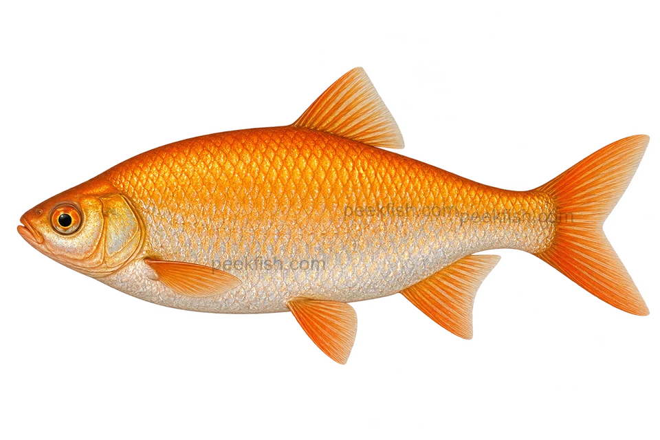 Golden orfe / ide — Adult golden colour form; sex unspecified; AI-generated side-view illustration