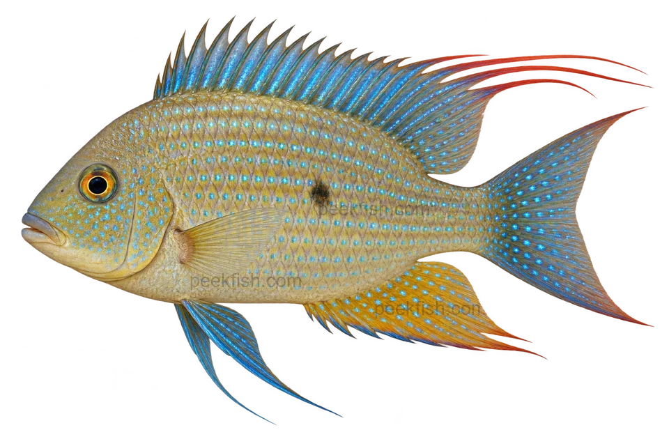 AI illustration of Acarichthys heckelii, complete left-facing side view
