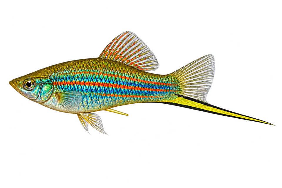 Left-facing adult male Xiphophorus mayae AI illustration, teal flanks, orange lines and dark-edged sword.