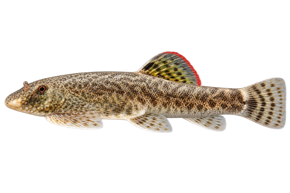 AI illustration of Pseudogastromyzon myersi, complete left-facing lateral view