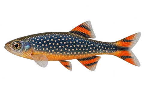 Celestial pearl danio — left-facing AI-generated natural-coloured adult male, not a photograph