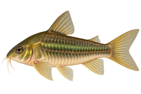AI illustration of Osteogaster melanotaenia, complete left-facing side view