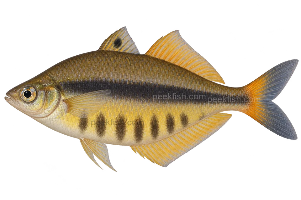 Chilatherina fasciata 成体雄鱼完整左向侧面AI示意图（Lake Wanam male, resting coloration）
