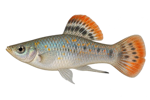 Poecilia salvatoris 成年雄鱼左向AI示意图,银蓝体侧、橙红短背鳍和圆尾。