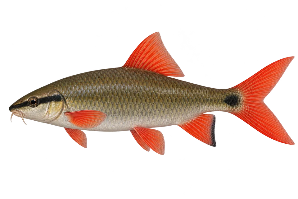 Rainbow Shark natural-colour adult facing left, AI-generated side-view illustration