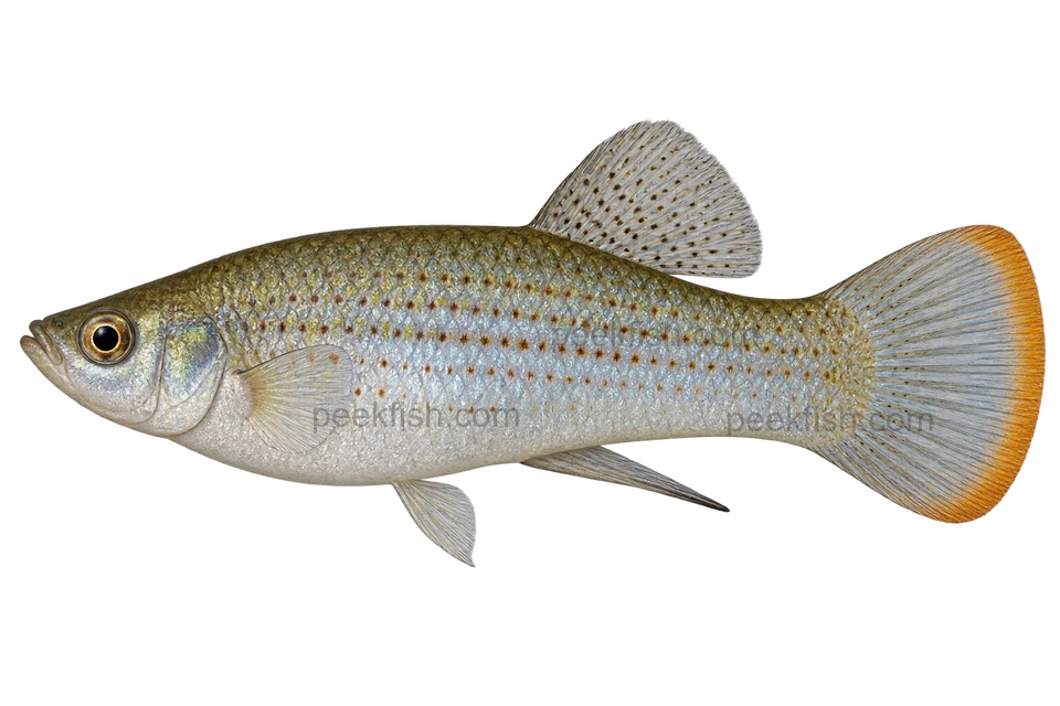 Poecilia butleri, natural-type adult male with a short dorsal fin and orange-edged rounded tail, left-facing AI illustration