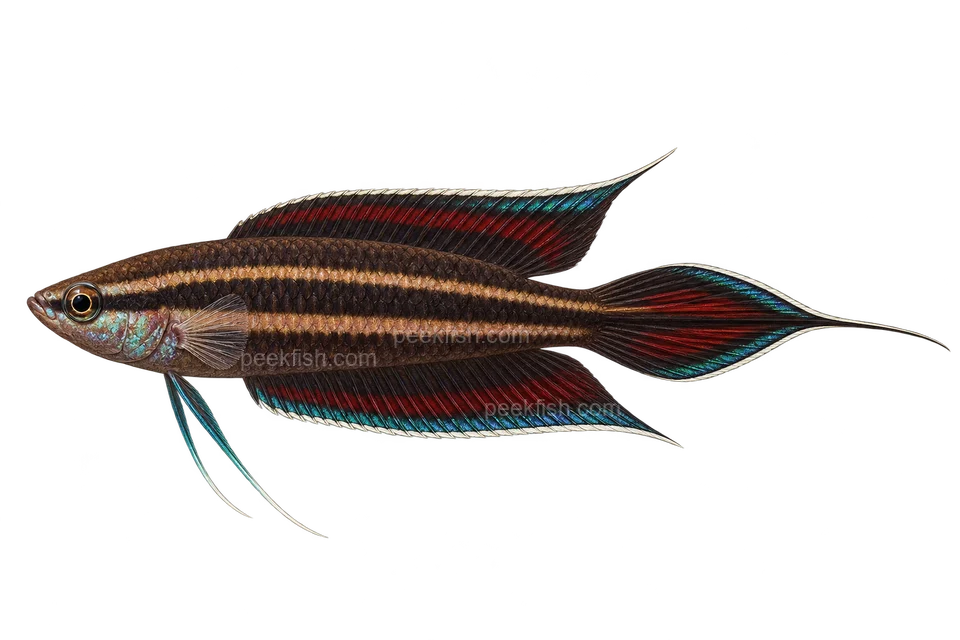 AI illustration of Parosphromenus filamentosus, complete left-facing side view