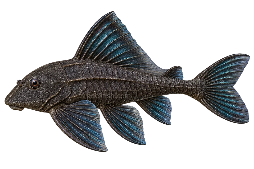 AI illustration of adult Baryancistrus beggini in left-facing side view; not a photograph.