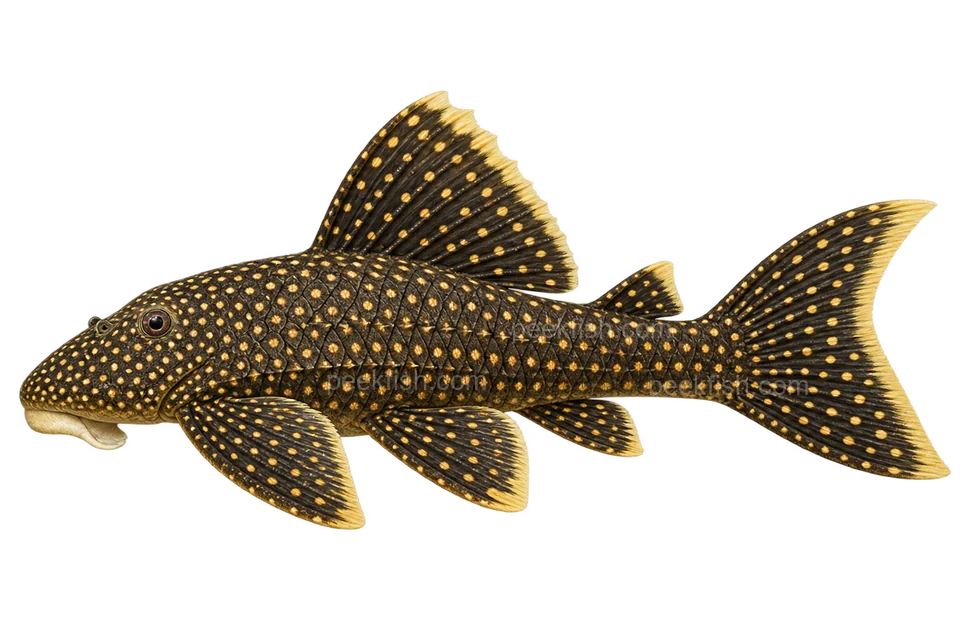 AI illustration of adult Scobinancistrus aureatus in left-facing side view; not a photograph.