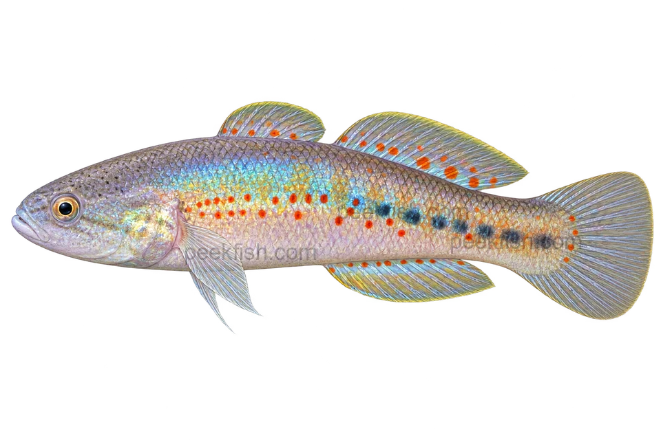 Southern purplespotted gudgeon adult male in left-facing side view; AI-generated illustration