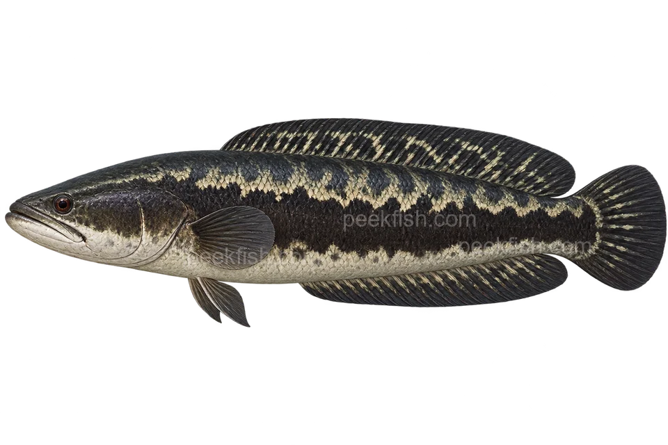 Giant snakehead — Natural adult, sex unspecified; dark flank band and pale dorsal mottling, without the orange-red juvenile stripe; AI-generated illustration.