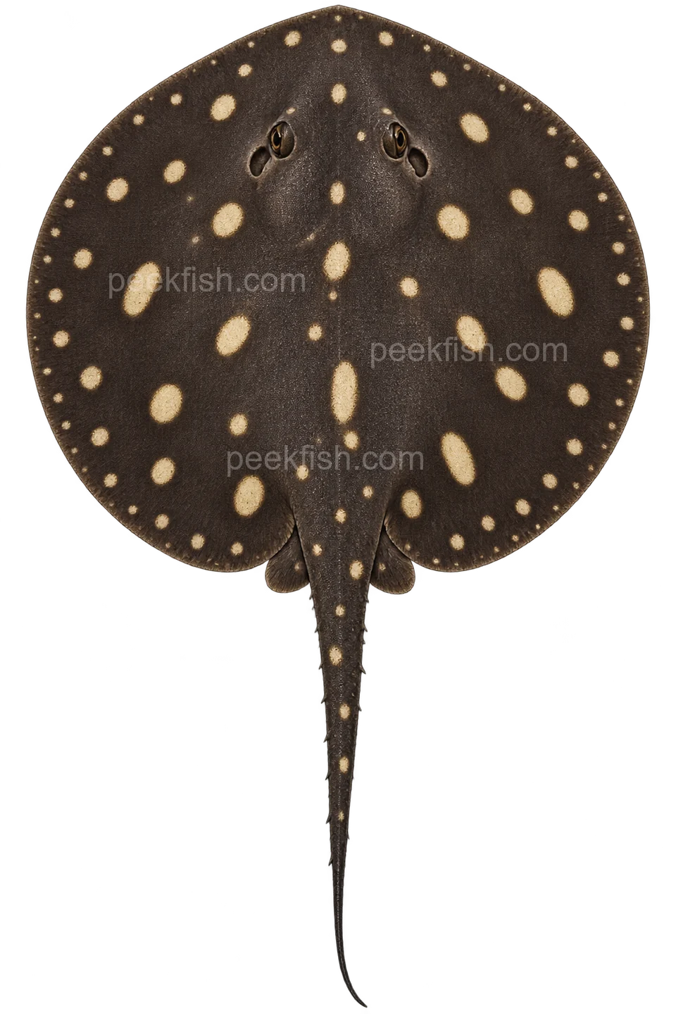 Potamotrygon henlei — dorsal top-down AI illustration, head up, complete disc and tail down; not a photograph