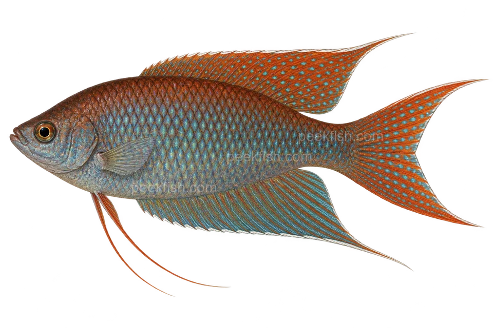 AI illustration of Macropodus erythropterus, complete left-facing side view