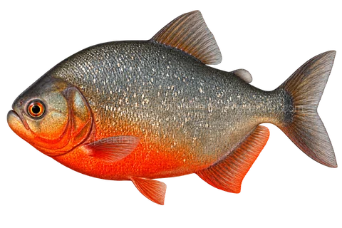 Red-bellied piranha — left-facing adult, AI-generated illustration
