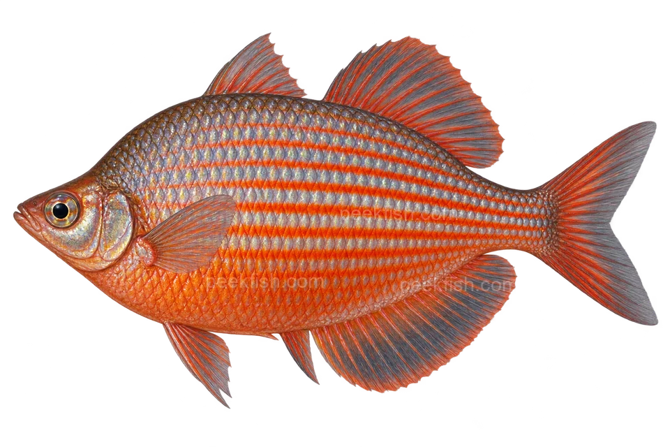 AI illustration of adult male Glossolepis dorityi, left side, adult male display coloration