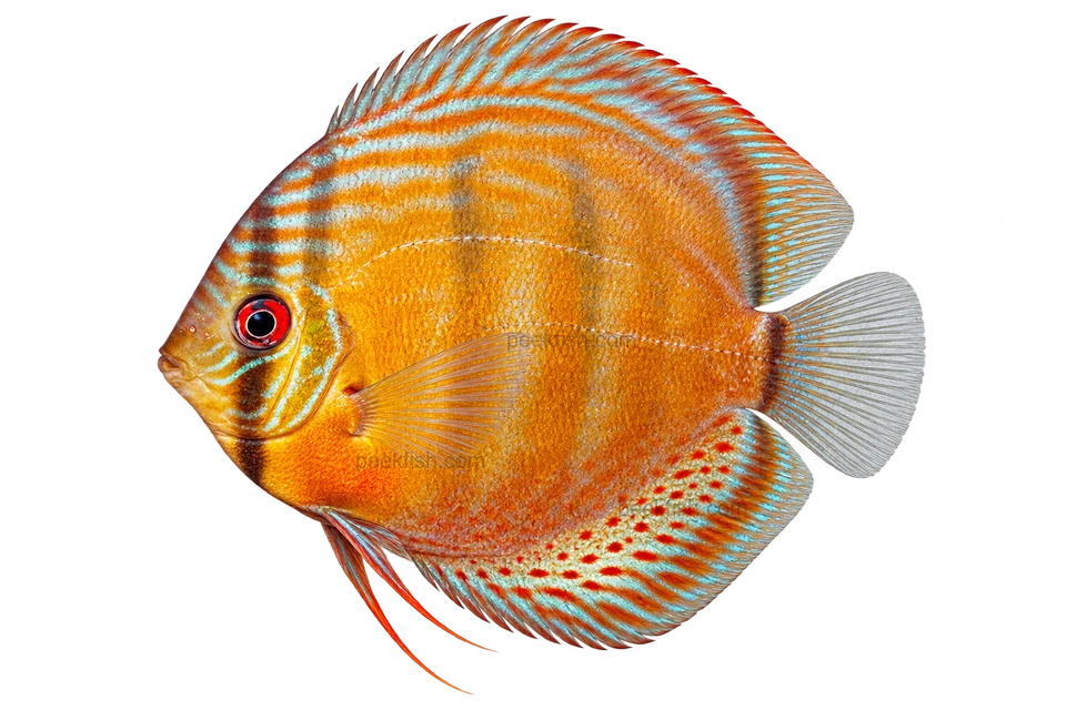 Symphysodon tarzoo, Tefe natural-form approaching-maturity reference, left-facing AI illustration; not a photograph.