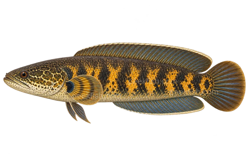 Orange-spotted snakehead — Natural adult, sex unspecified; golden-orange flank patches and pelvic fins present; AI-generated illustration.