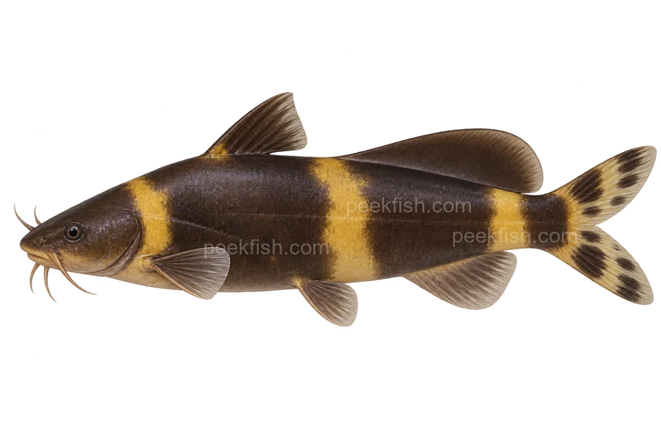 AI illustration of an adult natural-form Pseudomystus siamensis in left-facing side profile