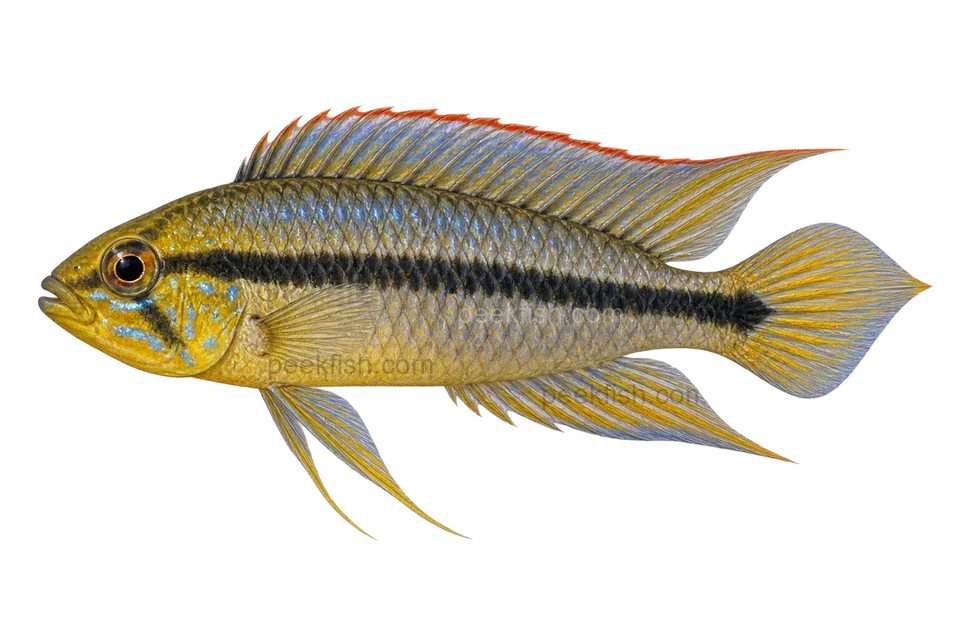Agassiz’s dwarf cichlid, natural blue-gold normal-fin male, locality unspecified, left-facing AI illustration