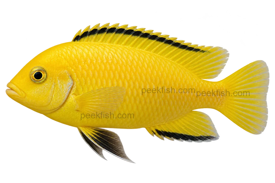 Yellow lab cichlid, adult electric-yellow form, sex unspecified, left-facing AI illustration