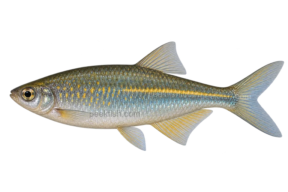 Bengal danio — left-facing AI-generated natural-coloured adult male, not a photograph