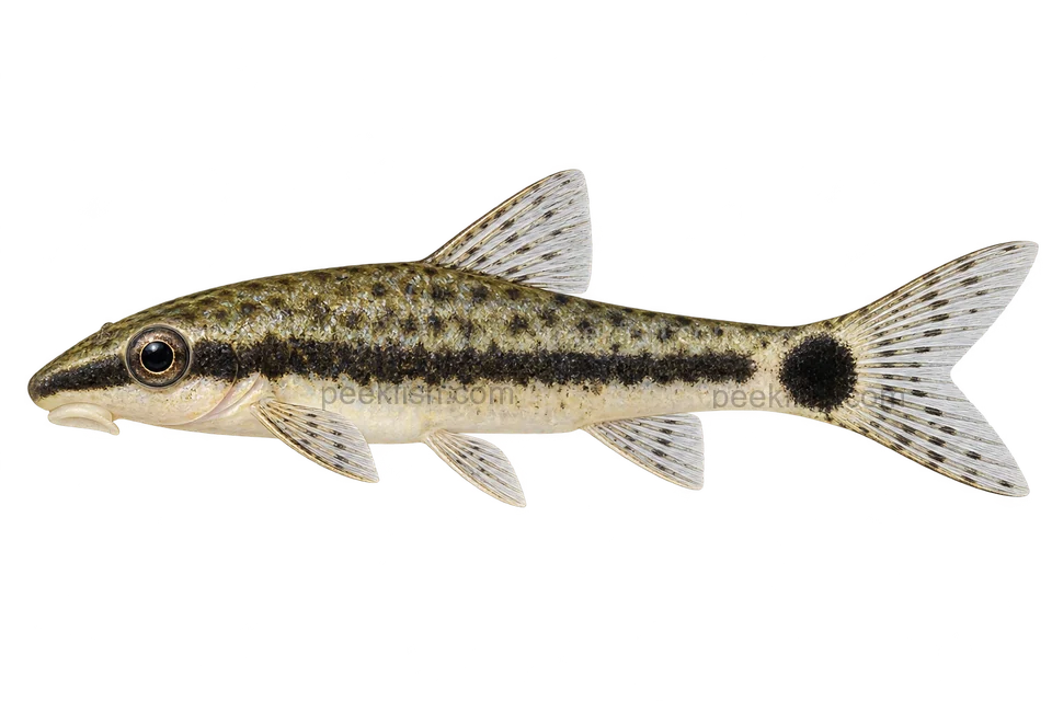 AI illustration of adult Otocinclus macrospilus in left-facing side view; not a photograph.