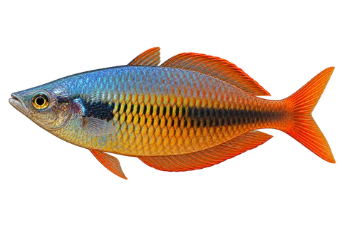 Melanotaenia fasinensis 自然型代表外观,朝左透明侧面AI示意图,非实拍。