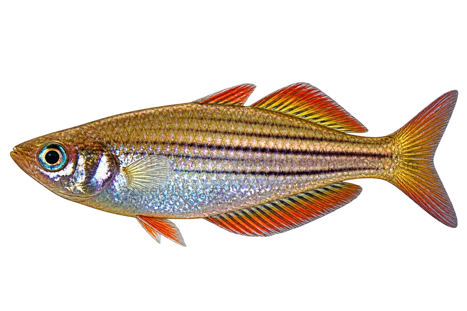 AI illustration of Melanotaenia maccullochi, complete left-facing side view
