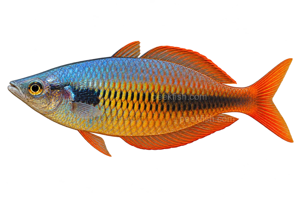 Melanotaenia fasinensis, natural-form representative in left-facing lateral AI illustration; not a photograph.
