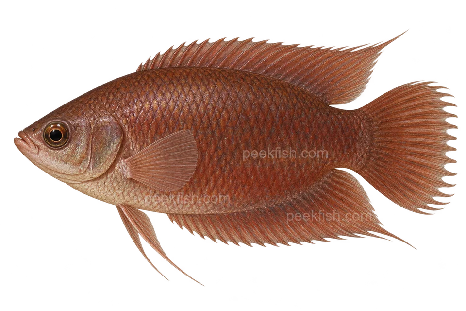 Belontia signata,自然红褐色成鱼,性别未指定,AI 左向侧面示意图