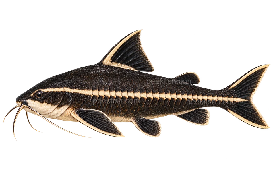 Striped Raphael catfish (Platydoras armatulus), AI side-view illustration, sex unspecified, adult natural form, left-facing