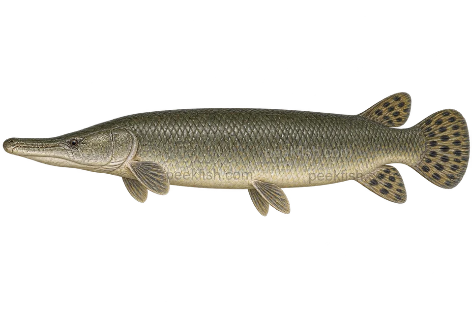 Alligator gar, adult natural-colour left-facing AI illustration