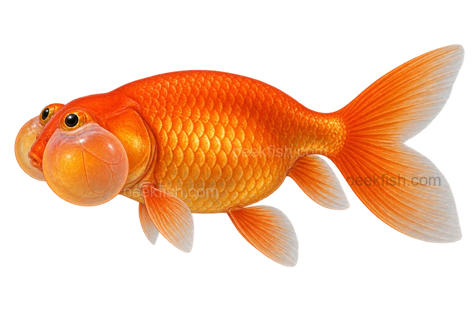 Bubble-eye goldfish — left-facing AI adult side-view illustration