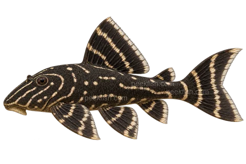 AI illustration of adult Hypancistrus debilittera in left-facing side view; not a photograph.